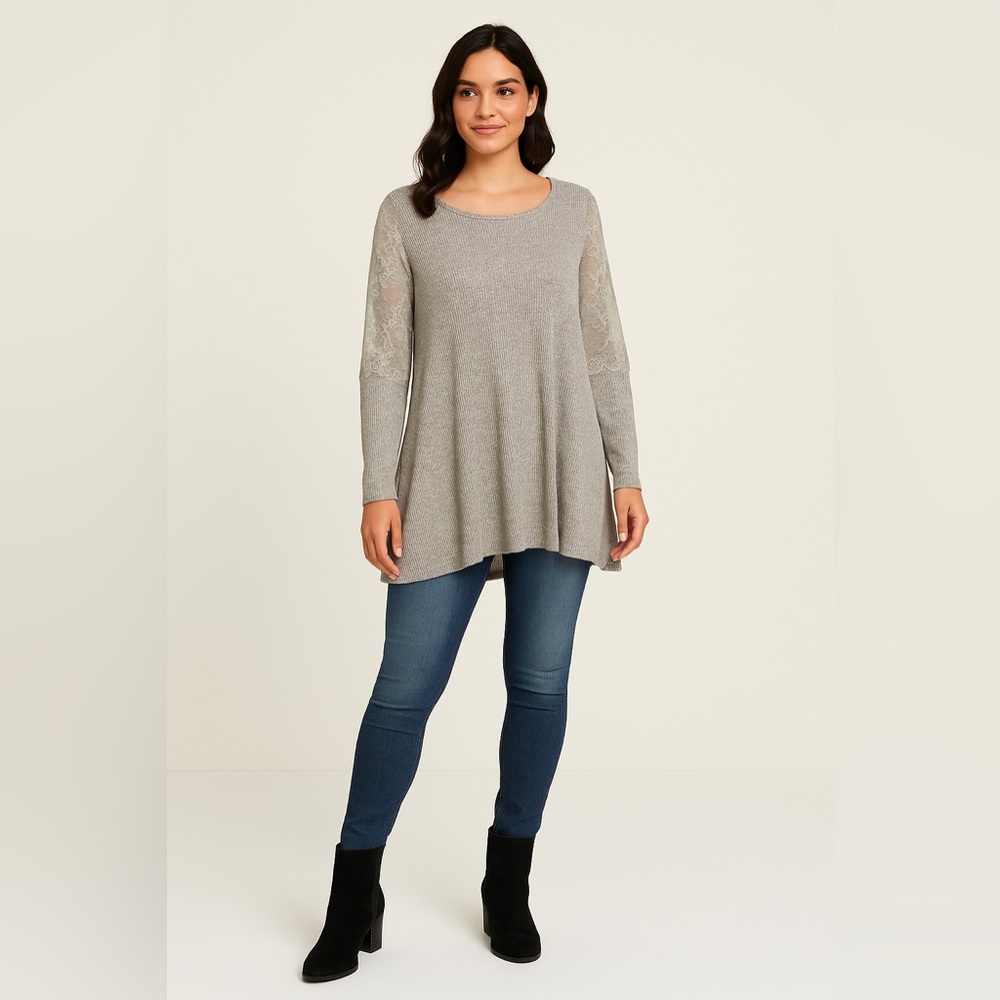 Premise Gray Knit Lace Sleeve Tunic Top Size M NWT
